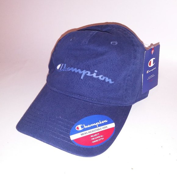Champion Mens Hat Relaxed Fit Navy Blue One Size Pre Curved Bill Cotton Logo Buc - Picture 1 of 11